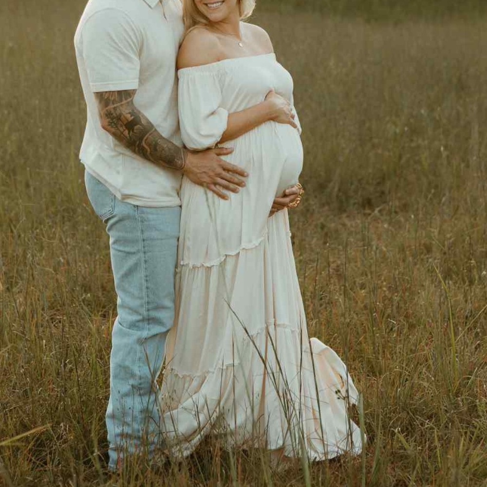 Off Shoulder Ruffle Tiered Maternity Maxi Dress